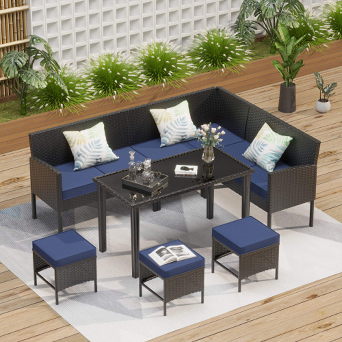 Alora 7-Piece Modern Outdoor Patio Furniture Set With Waterproof Cushions & Glass Table (SAK55673)