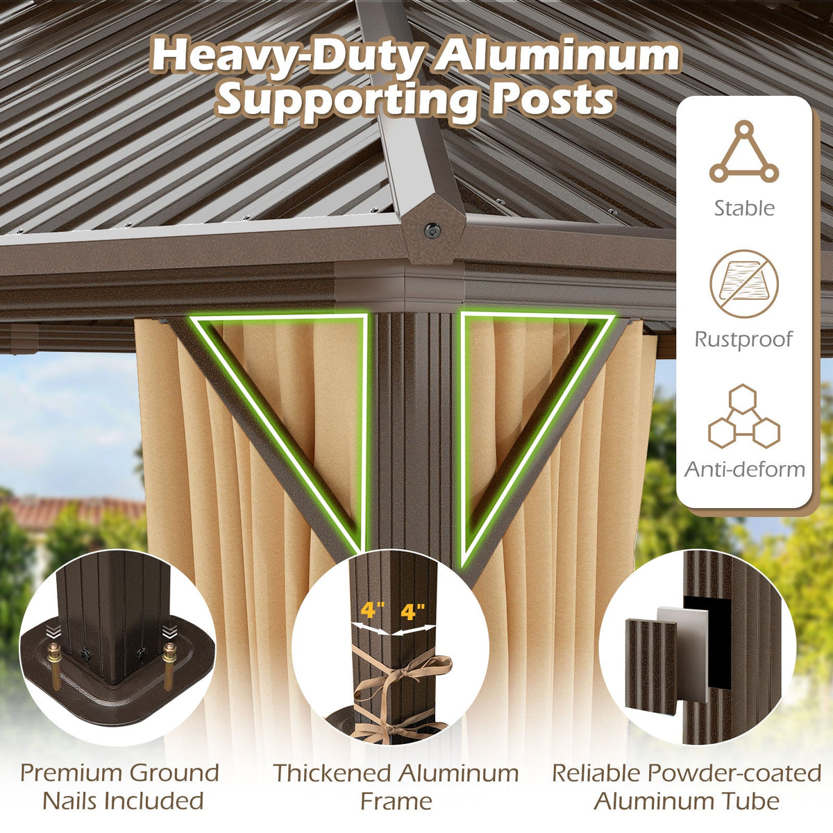 16 x 12 Feet Hardtop Gazebo Aluminum Frame Permanent Pavilion with Curtains and Netting-Coffee