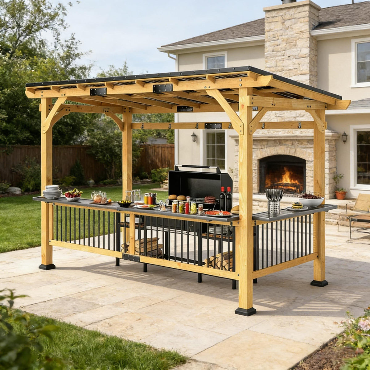 [06X13FT] Alora Premium Outdoor Hardtop Wooden BBQ Grill Gazebo (SAK97420)