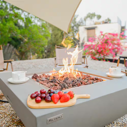 Westport 34 In. X 14 In. Grey round Concrete Propane Pit Table with Electronic Ignition Cover and Lava Rock