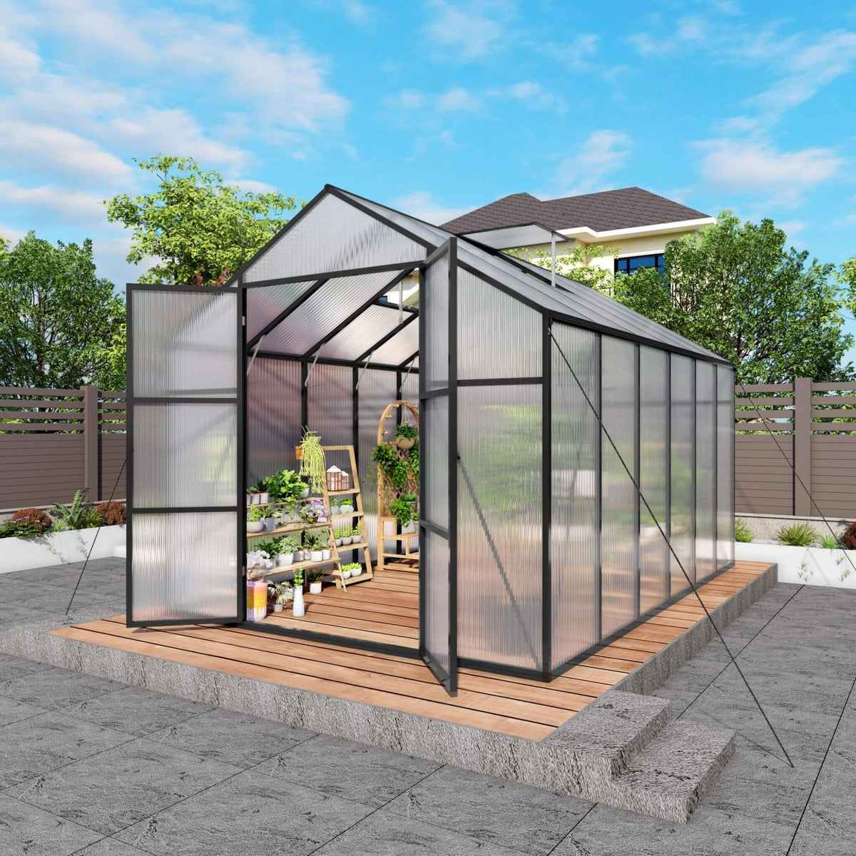 [08X12FT] All-Season Outdoor Backyard Polycarbonate Greenhouse With Raised Base And Aluminum Frame (SAK78614)