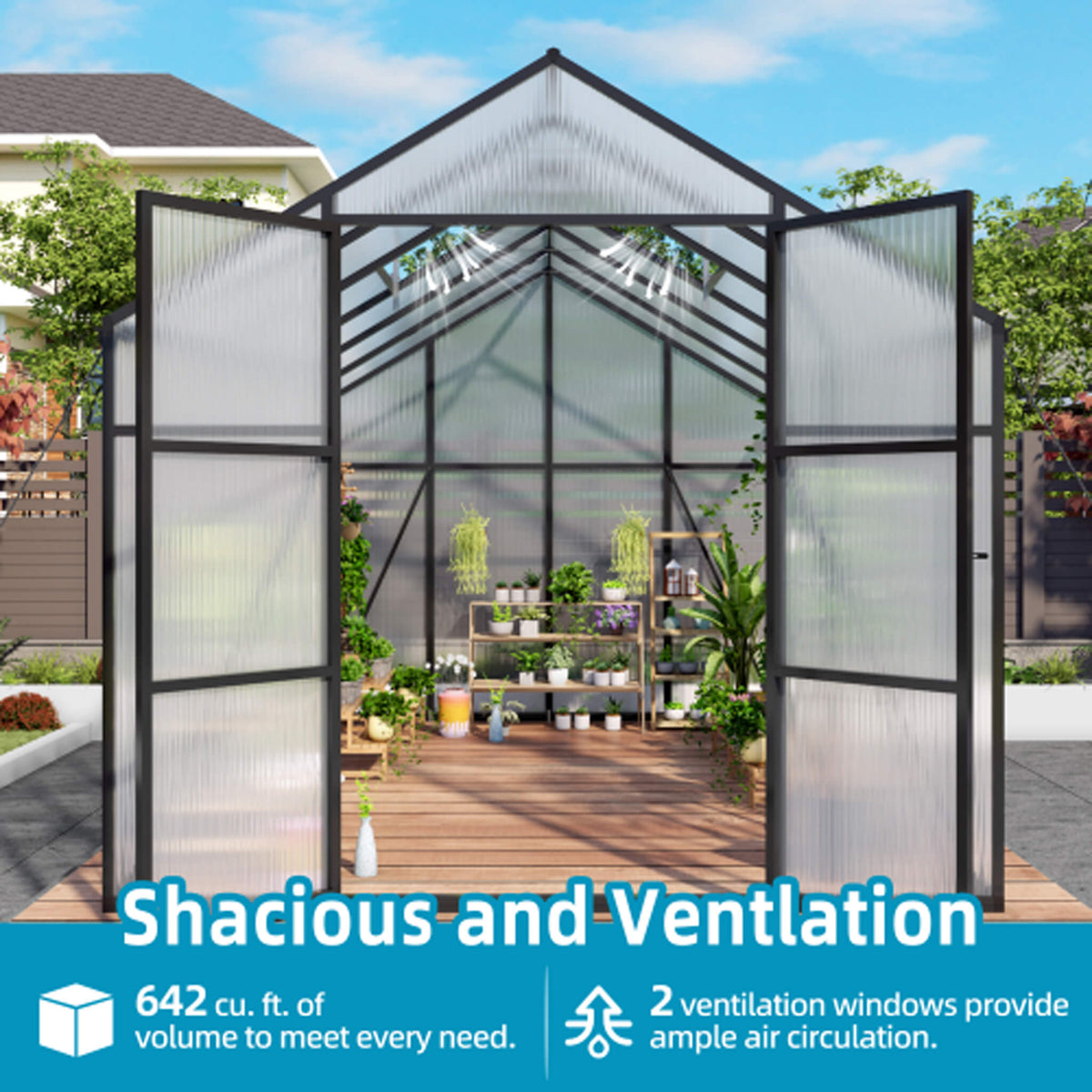[08X12FT] All-Season Outdoor Backyard Polycarbonate Greenhouse With Raised Base And Aluminum Frame (SAK78614)