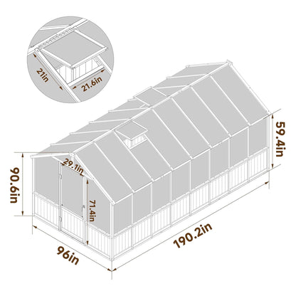[08X16FT] Large Heavy-Duty Outdoor Wooden Greenhouse With 6MM Polycarbonate Panels And Vent Roof (SAK18467)