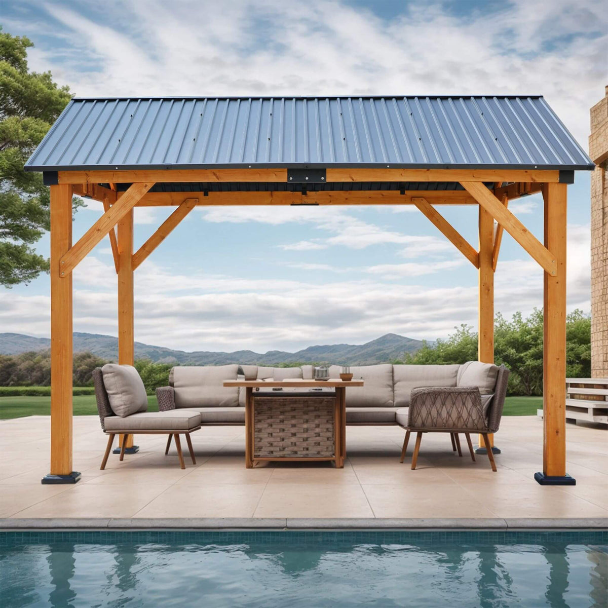[09X11FT] Alora Heavy-Duty All-Weather Hardtop Wooden Carport Gazebo With Galvanized Steel Roof (SAK39187)