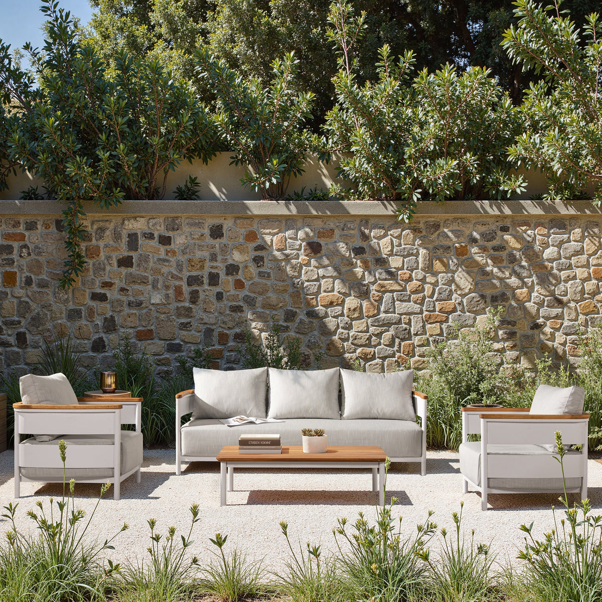 Rhodes 2pc Teak & Aluminum Outdoor Sofa and Coffee Table Set