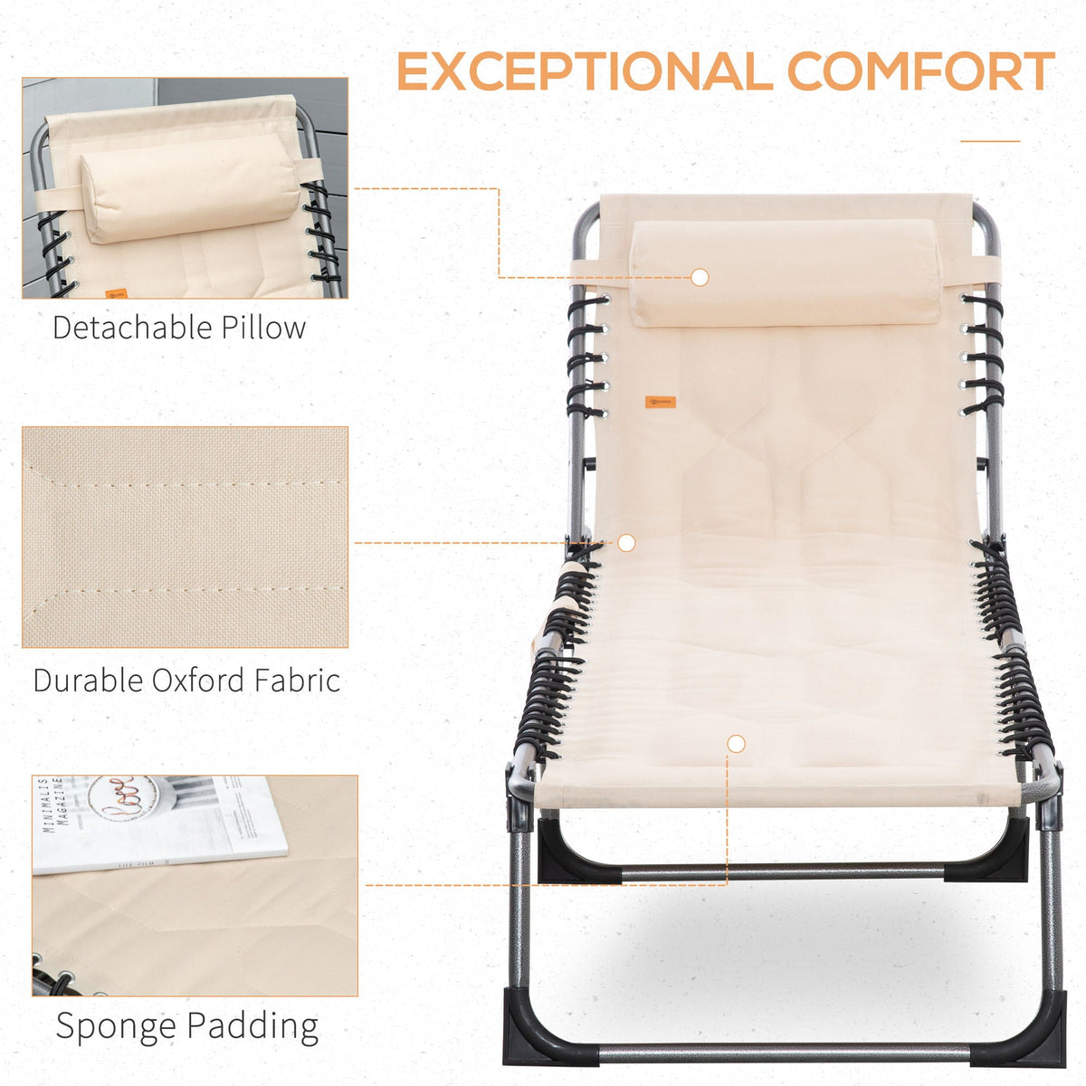 Outsunny - Padded Folding Chaise Lounge Chair, Outdoor 6-Level Reclining Camping Tanning Chair With Headrest For Beach, Yard, Patio, Pool - Beige