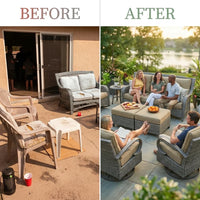 Patio Furniture Set, 6 Pieces Outdoor Patio Set, All-Weather Wicker Rattan Outdoor Furniture Set with Swivel Chairs for Poolside, Backyard, Gray Wicker Khaki Cushions — Before & After