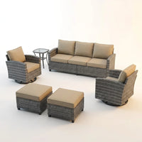 Patio Furniture Set, 6 Pieces Outdoor Patio Set, All-Weather Wicker Rattan Outdoor Furniture Set with Swivel Chairs for Poolside, Backyard, Gray Wicker Khaki Cushions — Studio Shot