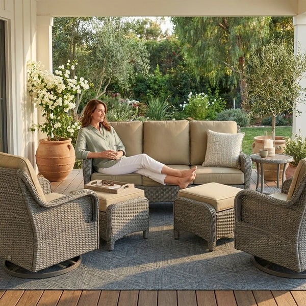 Outdoor Patio Furniture Set Built for All-Weather Use, 6 Pieces PE Wicker, Swivel Rocking Chairs, Glass Table