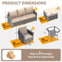 Patio Furniture Set, 6 Pieces Outdoor Patio Set, All-Weather Wicker Rattan Outdoor Furniture Set with Swivel Chairs for Poolside, Backyard, Gray Wicker Khaki Cushions
