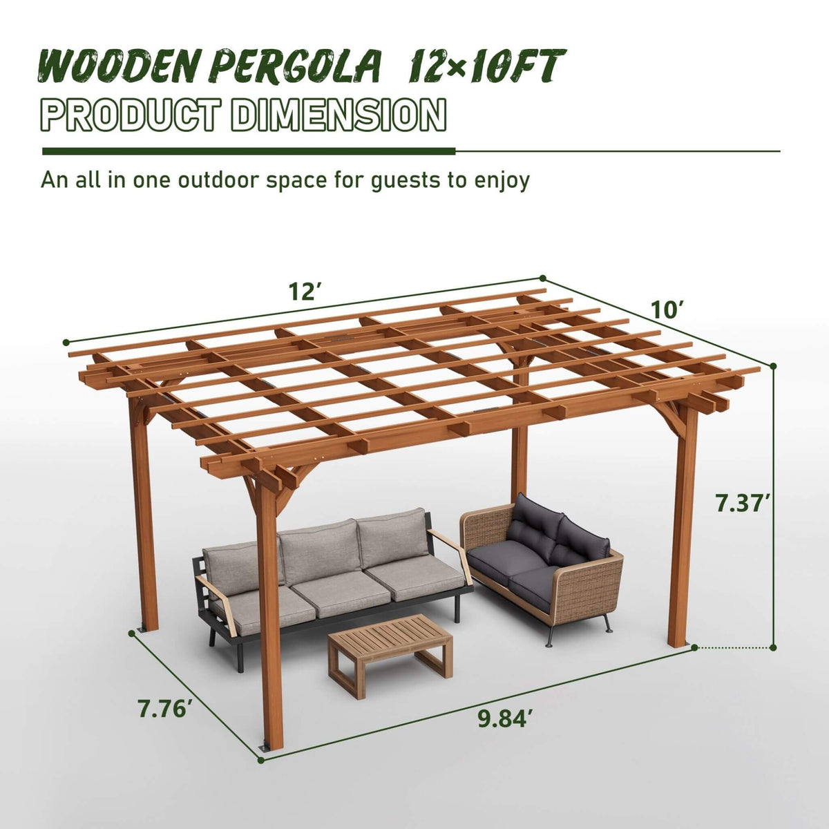 [10X12FT] Alora Premium Extra Large Outdoor Weather-Resistant Wooden Grape Pergola (SAK16278)