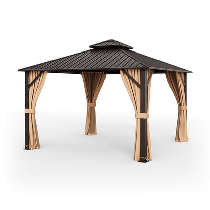 12 x 12 Feet Double-Roof Patio Hardtop Gazebo with Galvanized Steel Roof Netting and Curtains-Coffee