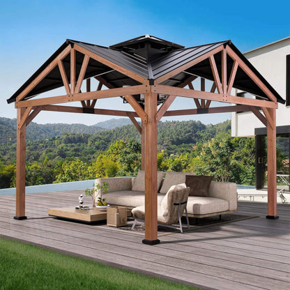 [12X12FT] Alora Premium Outdoor Cedar Wood Hardtop Gazebo With Galvanized Steel Roof (SAK31864)