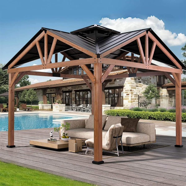 [12X12FT] Alora Premium Outdoor Cedar Wood Hardtop Gazebo With Galvanized Steel Roof (SAK31864)