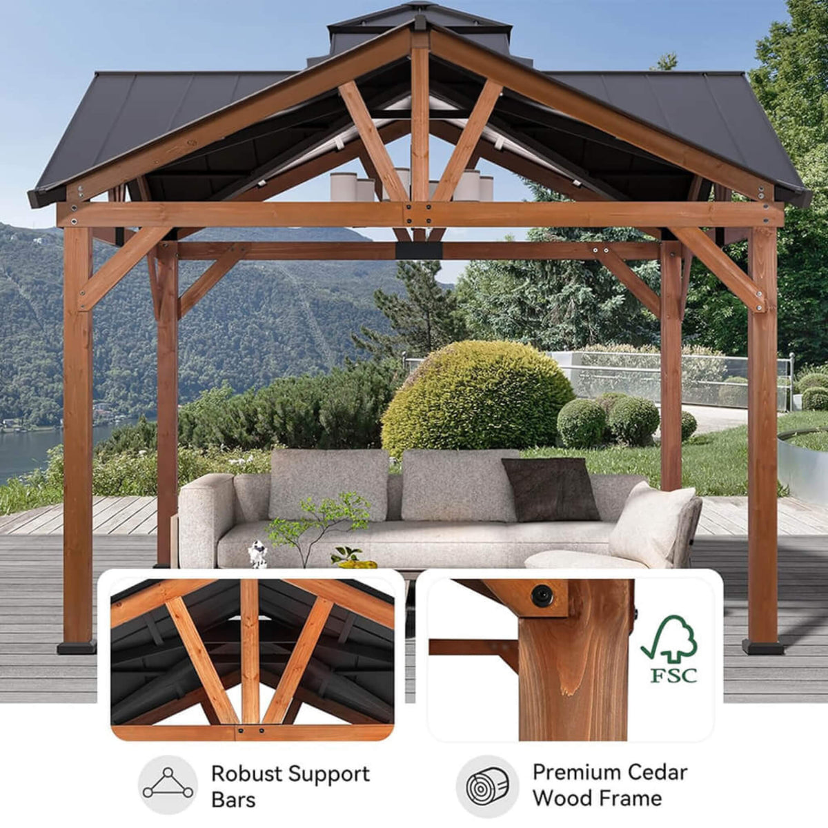 [12X12FT] Alora Premium Outdoor Cedar Wood Hardtop Gazebo With Galvanized Steel Roof (SAK31864)