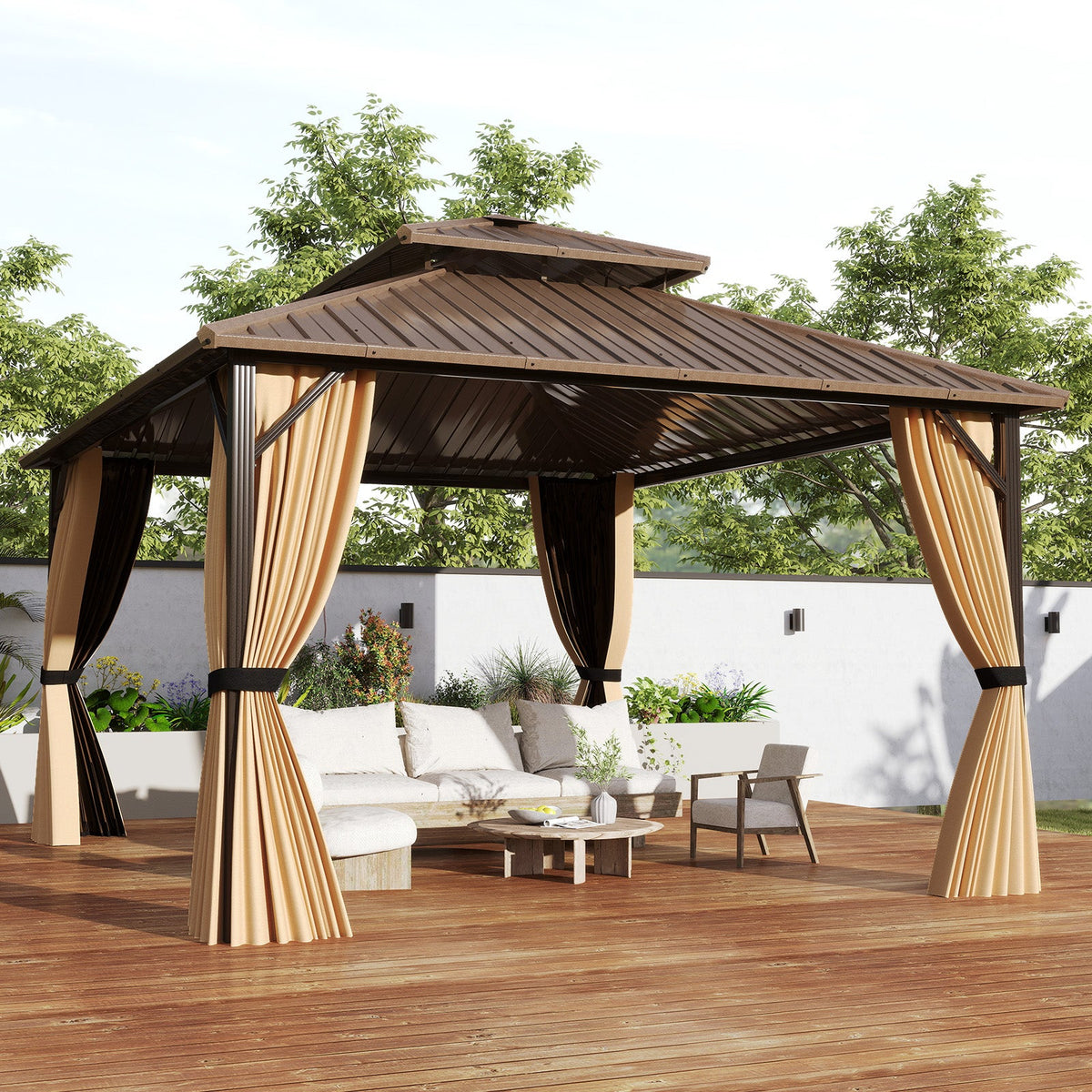 14 x 12 FT Hardtop Gazebo Outdoor Pergola for Patio Garden Deck Lawn Backyard Party Tent-Coffee