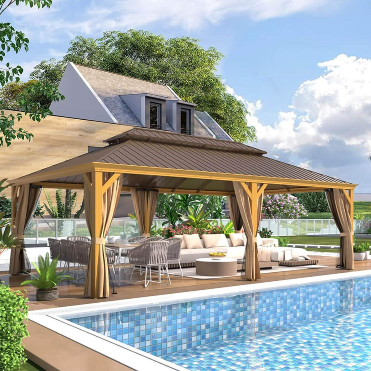 [14X24FT] Alora Heavy-Duty Aluminum Galvanized Steel Double Roof Hardtop Gazebo With Netting And Curtains (SAK41853)