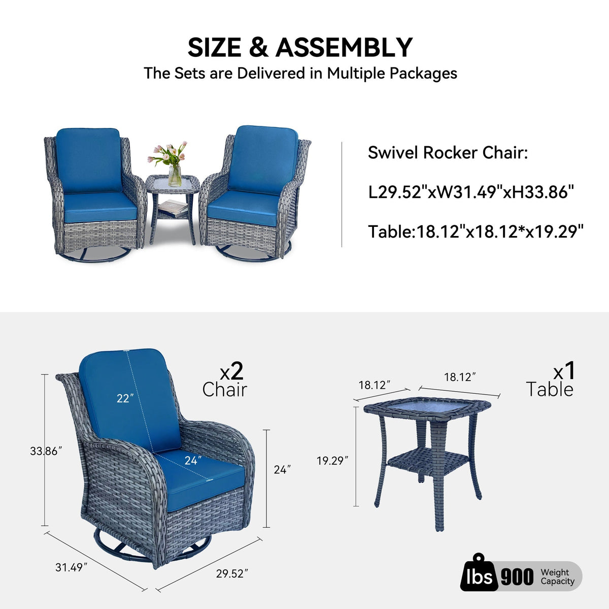 Wicker Patio Furniture Set - 3 Piece Rattan Outdoor Sectional Conversation Set
