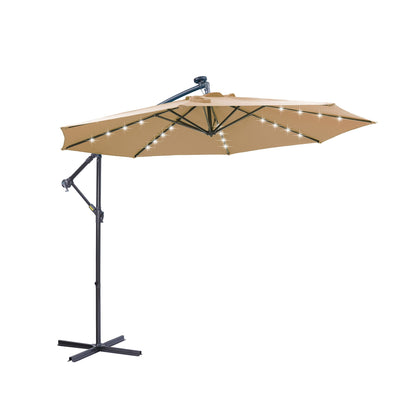 Outdoor Cantilever Patio Umbrella With 32 LED Lights 10 Ft Hanging Design Easy Open Adjustment Metal Frame - Taupe