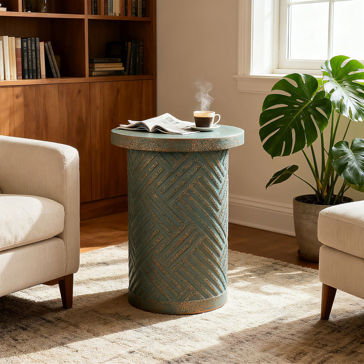 Round Outdoor End Table With Tree Stump Design For Patio - Golden / Green / Peacock