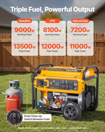 Portable Generator, Gasoline 13500W Peak Watt, LPG 12000W Peak Watt & Natural Gas 11000W Peak Watt Tri-Fuel Generator, Home Backup Generators with Electric Start, Gas, LPG & Natural Gas Powered