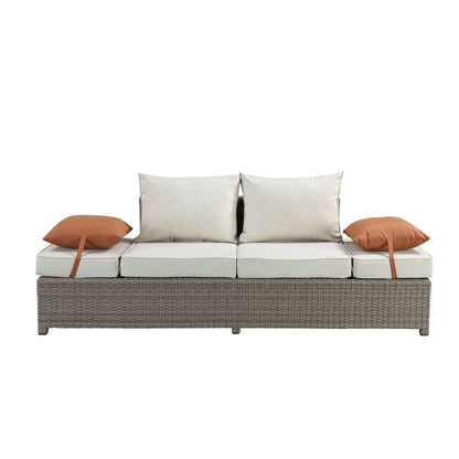 Salena - Patio Sofa With 2 Pillows & Ottoman - Beige Fabric & Gray Wicker
