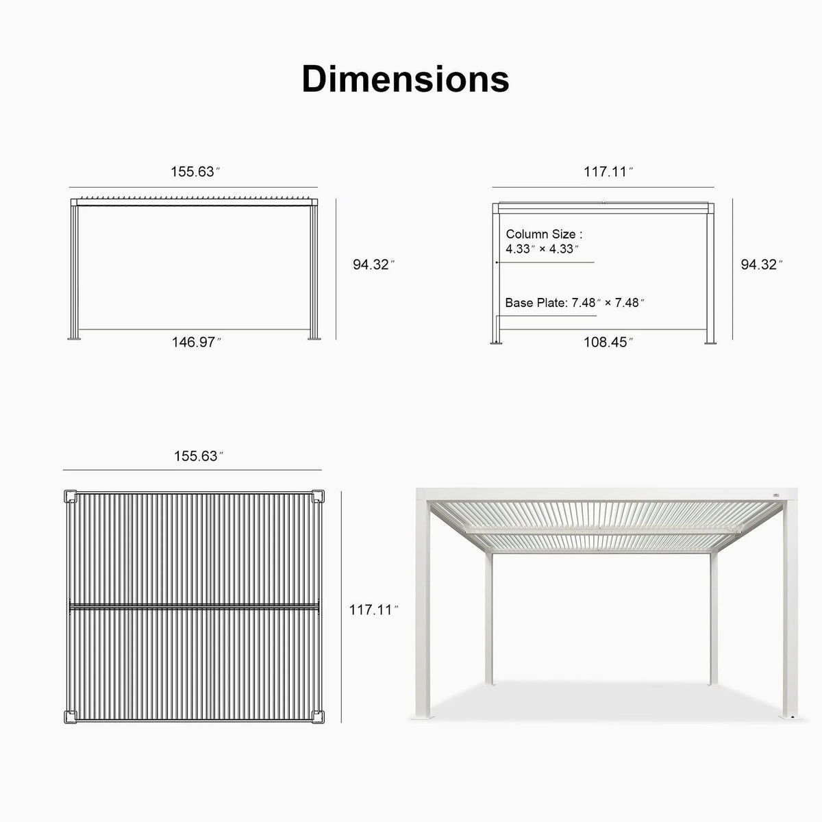 Louvered Pergola Modern White Pergola with Adjustable Roof for Deck Backyard Garden