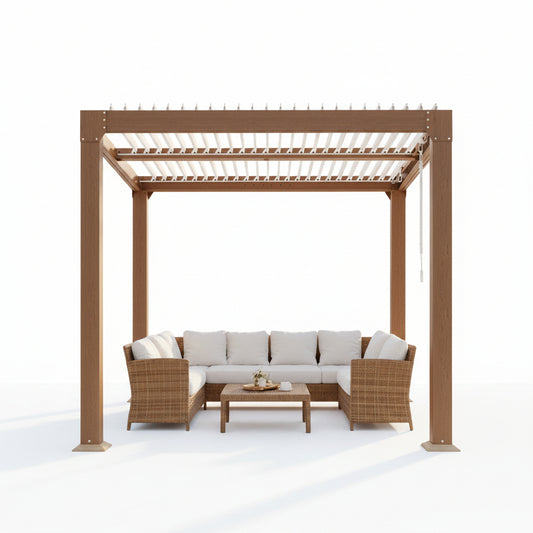 Louvered Pergola 10 Ft X10', Outdoor Pergola with Adjustable Louvered Roof, Reinforced Aluminum Frame, Integrated Drainage System, Hardtop Gazebo for Patio, Deck, Wood Grain