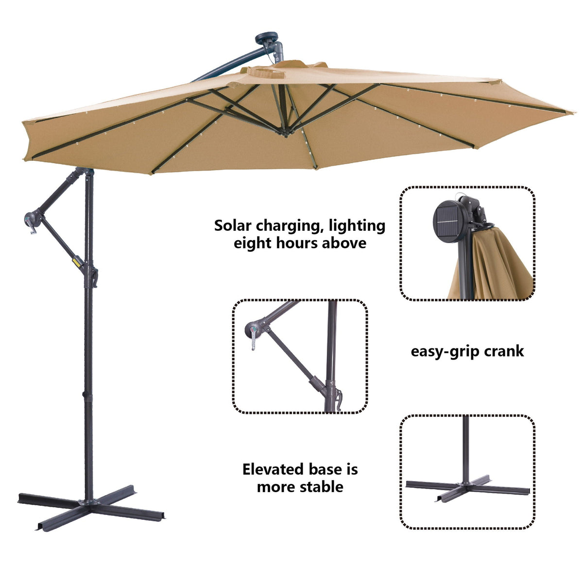 Outdoor Cantilever Patio Umbrella With 32 LED Lights 10 Ft Hanging Design Easy Open Adjustment Metal Frame - Taupe
