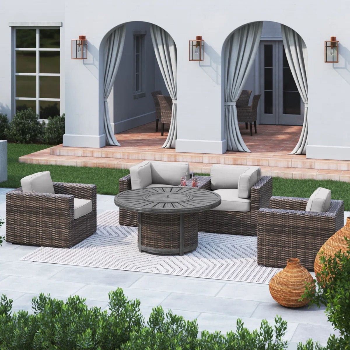 Patio Seating Group For 4 With Cushions And Fire Pit Table - Brown