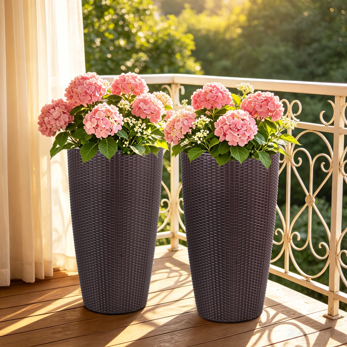 Set of 2 Faux Rattan Tall Planters