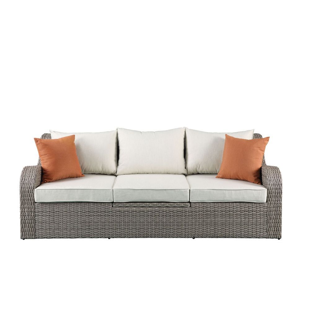 Salena - Patio Sofa With 2 Pillows & 2 Ottomans - Beige Fabric & Gray Wicker
