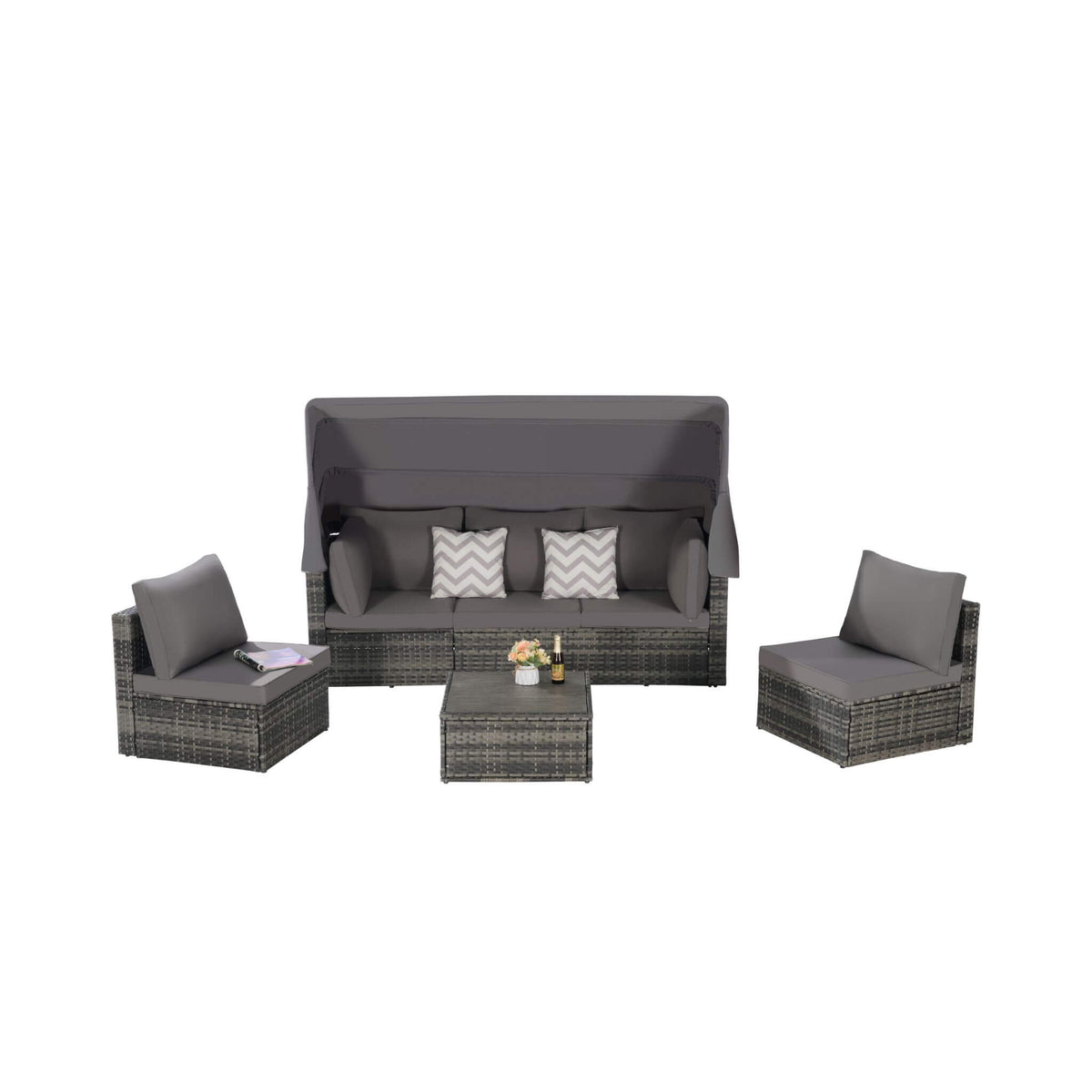 Alora 5-Piece Outdoor Patio Wicker Daybed Furniture Set With Retractable Canopy (SAK37816)