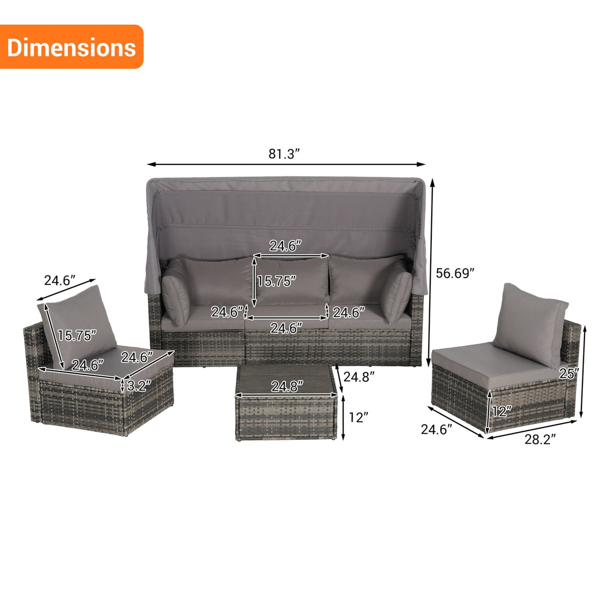 Alora 5-Piece Outdoor Patio Wicker Daybed Furniture Set With Retractable Canopy (SAK37816)