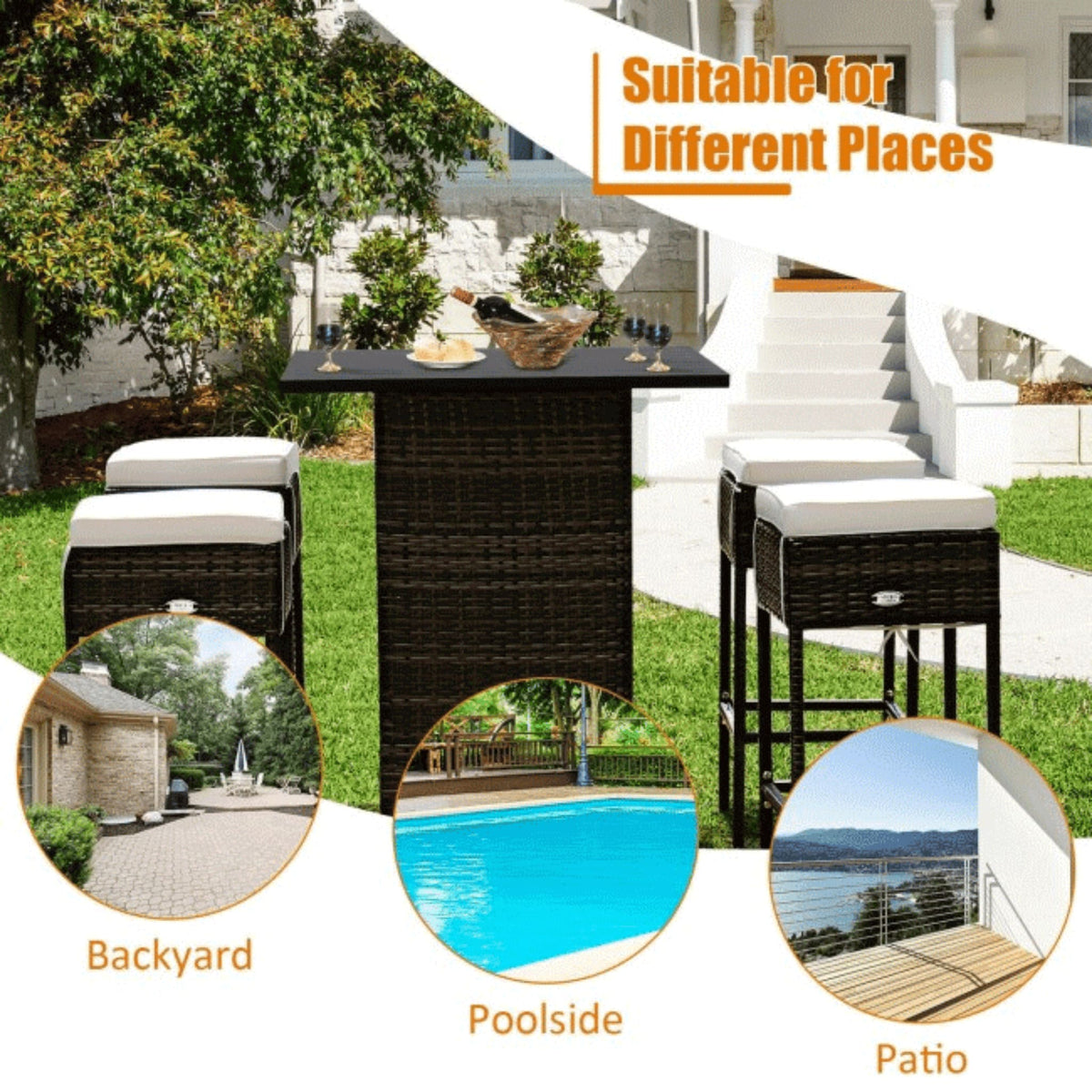 Alora 5-Piece Patio Rattan Bar Table Stool Set With Hidden Storage Shelf & Cushions (SAK14645)