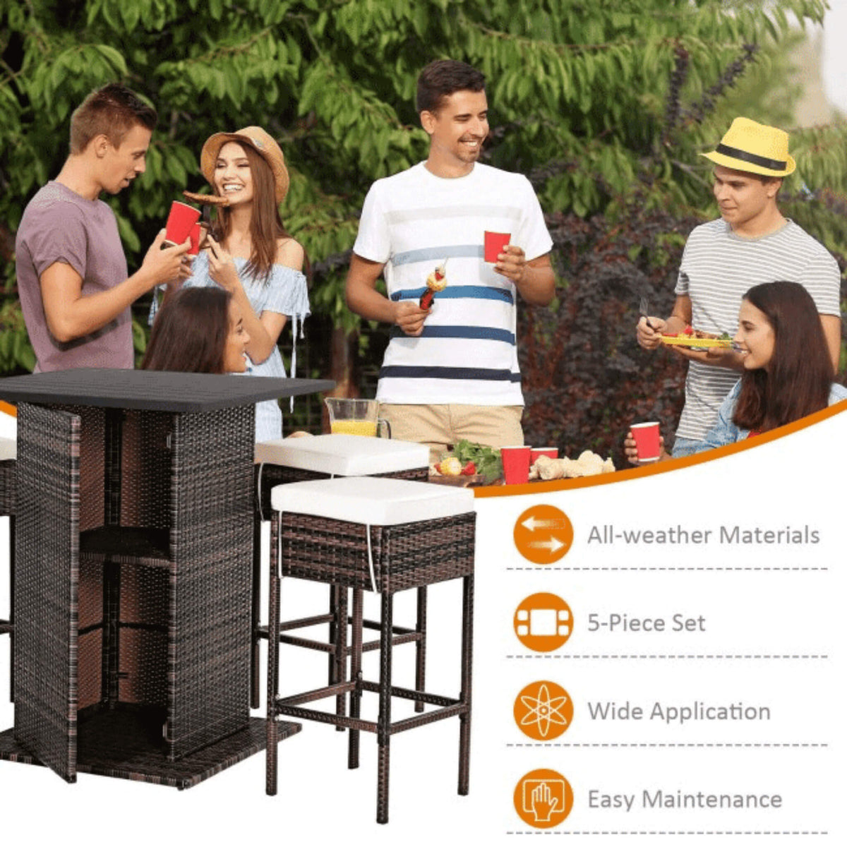 Alora 5-Piece Patio Rattan Bar Table Stool Set With Hidden Storage Shelf & Cushions (SAK14645)