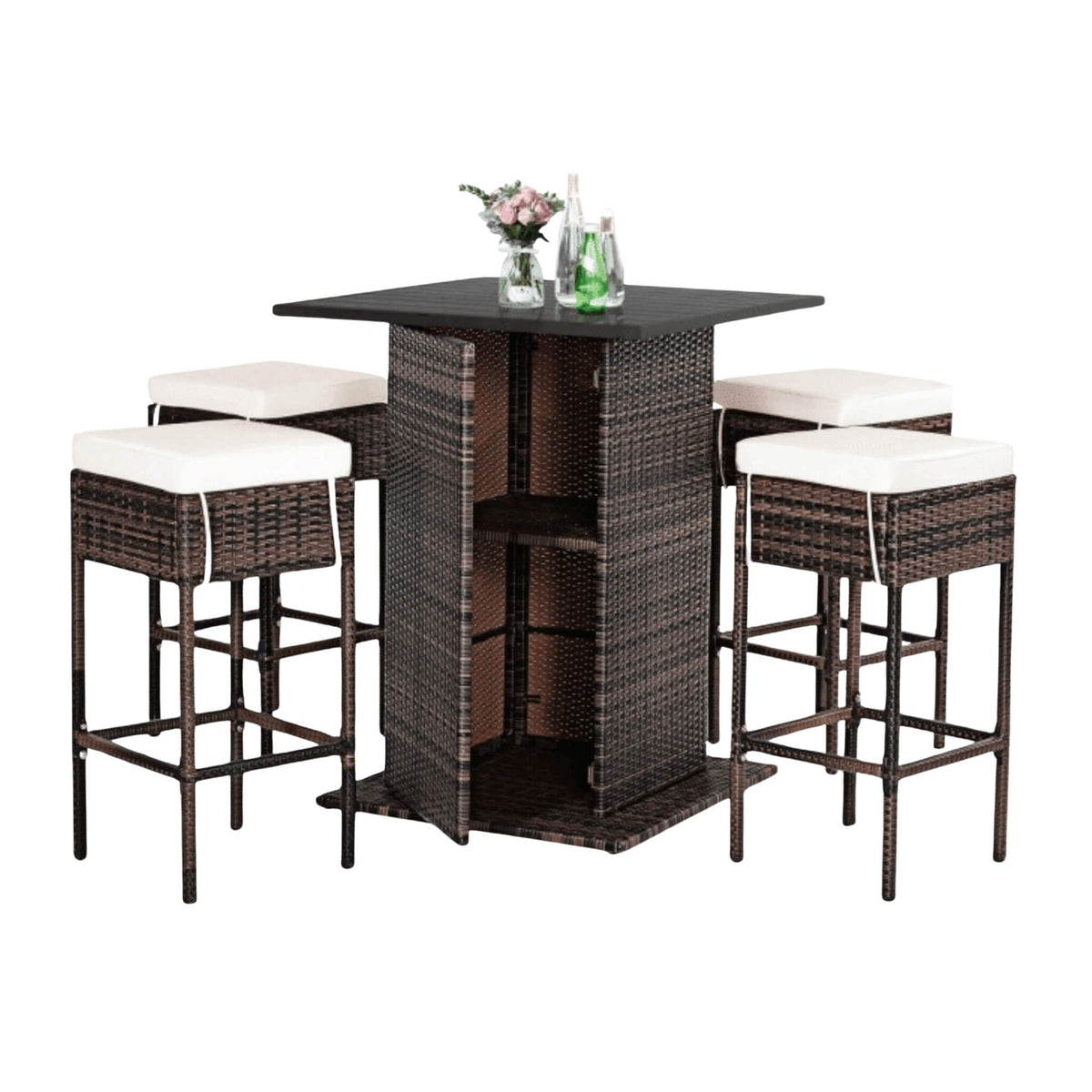 Alora 5-Piece Patio Rattan Bar Table Stool Set With Hidden Storage Shelf & Cushions (SAK14645)
