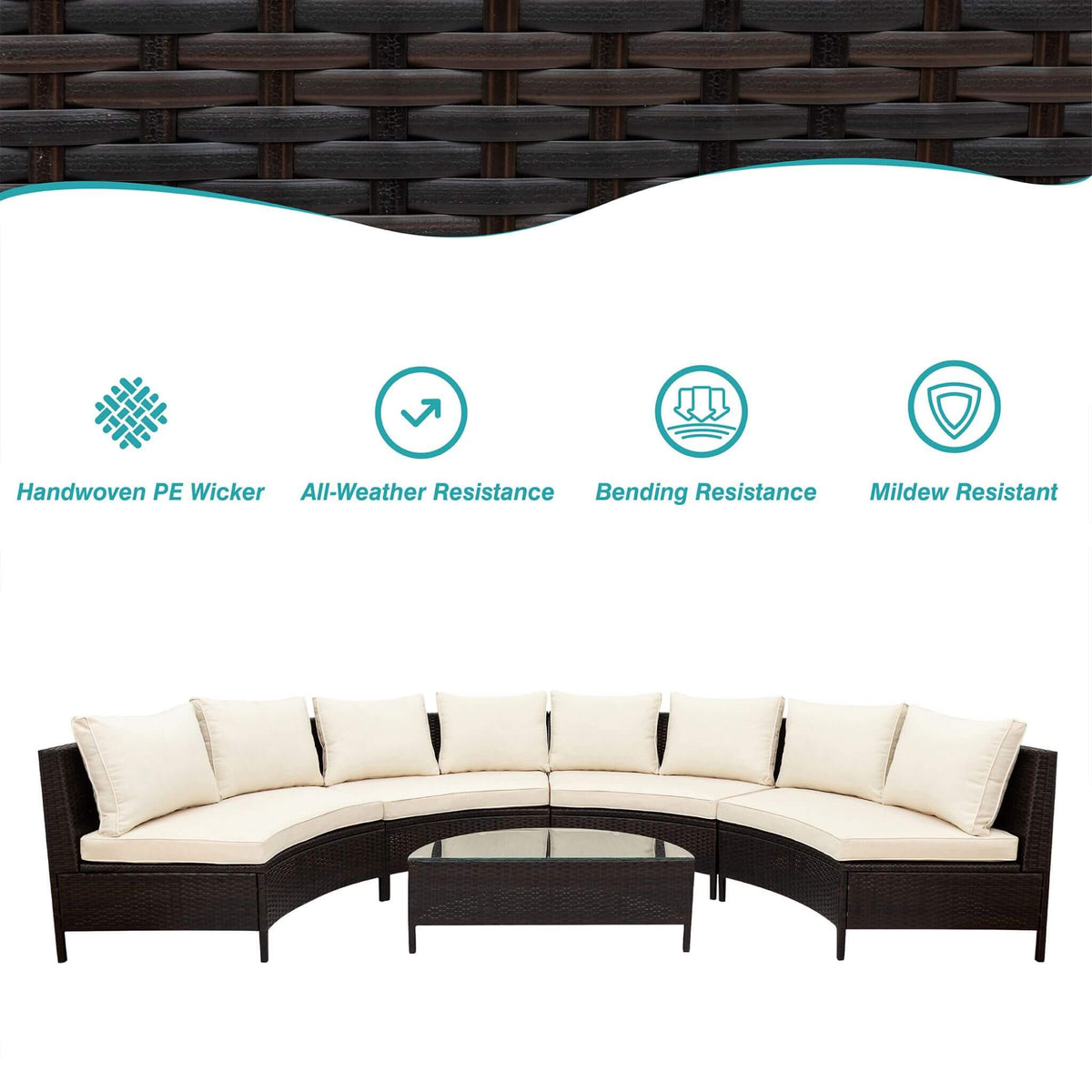 Alora Premium 5-Piece All-Weather Half-Moon Outdoor Rattan Wicker Patio Sectional Sofa Furniture Set With Tempered Glass Table (SAK32615)