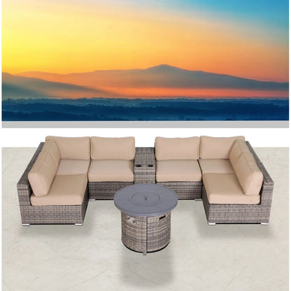 Wicker Outdoor Lounge Set With Cushions And Fire Pit