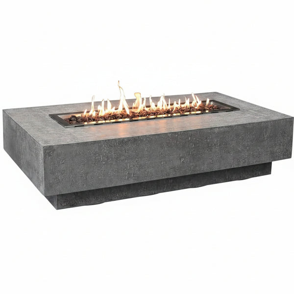 Hampton Fire Table Outdoor Fire Pit 56" X 32" Cast Concrete Firepit Includes Lava Rocks 45,000 Btus Outdoor Fireplace for Patio Furniture Set, Deck, Porch, Outdoor Heater - Liquid Propane
