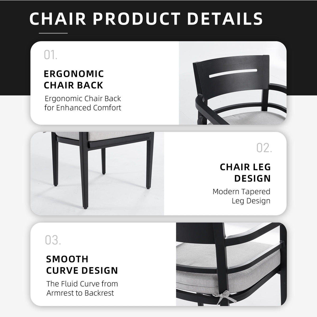 Outdoor Patio Dining Chairs With Outdoor Grade Sunbrella Fabric Cushions, Tapered Feet (Set of 4) - Ember Black