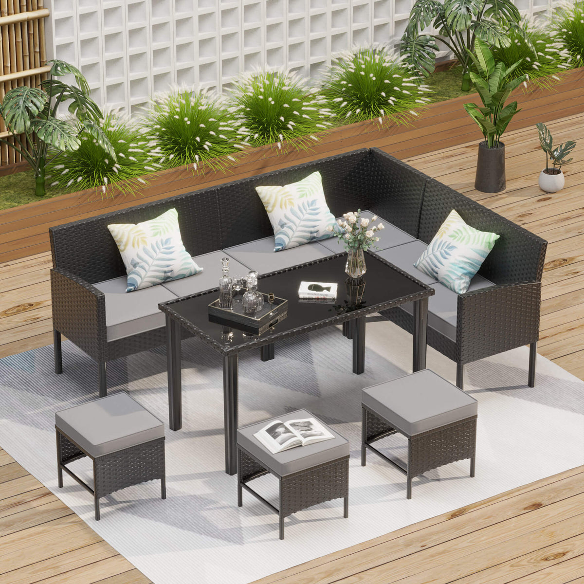 Alora 7-Piece Modern Outdoor Patio Furniture Set With Waterproof Cushions & Glass Table (SAK55673)