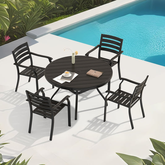 5 Pieces Outdoor Patio Dining Set with Stackable Metal Chairs and Round Table