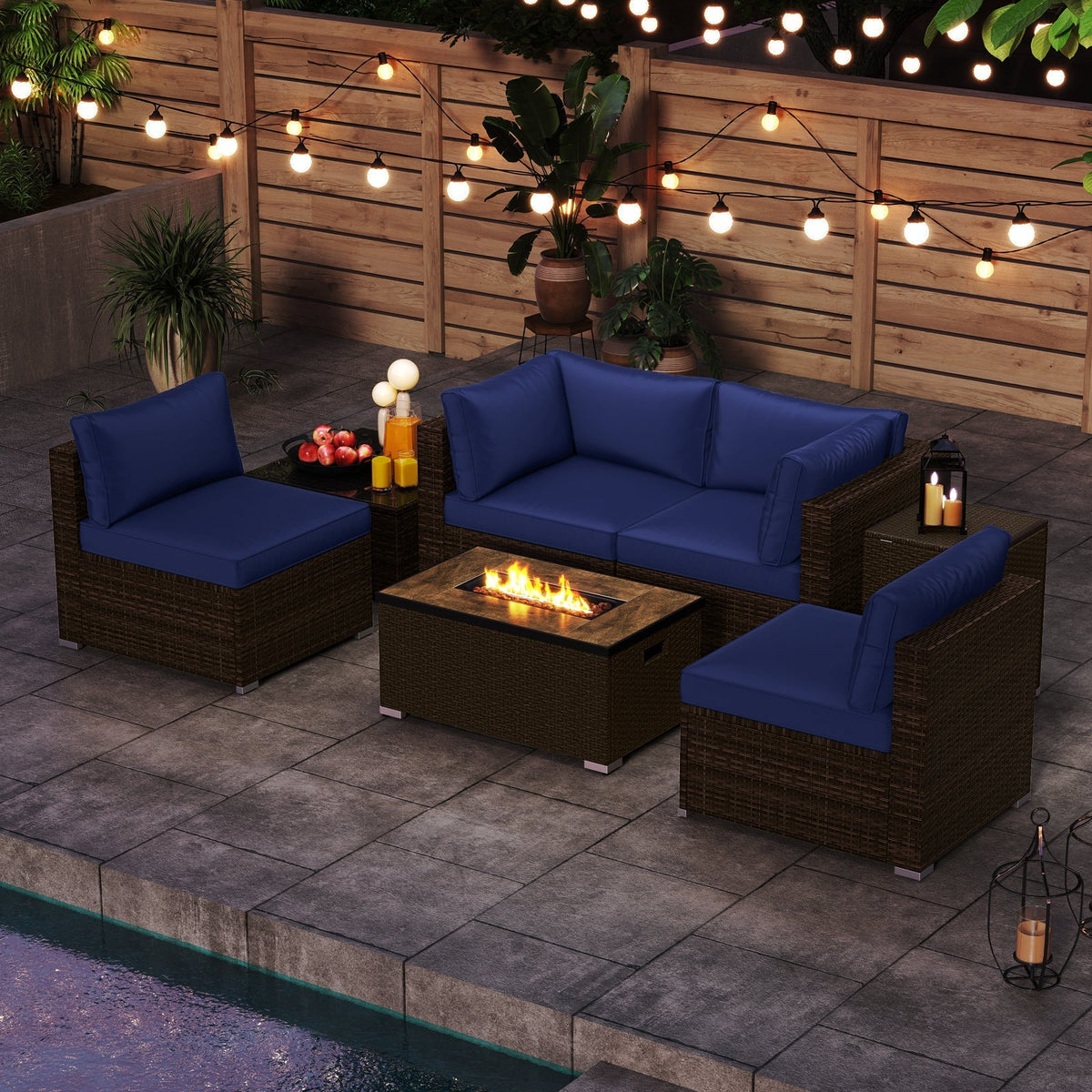 7 Pieces Outdoor Furniture Set with 32 Inch Fire Pit Table and Propane Tank Cover