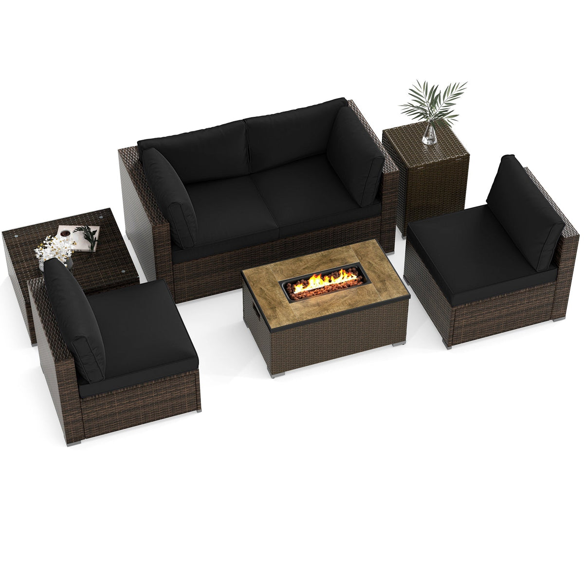 7 Pieces Outdoor Furniture Set with 32 Inch Fire Pit Table and Propane Tank Cover