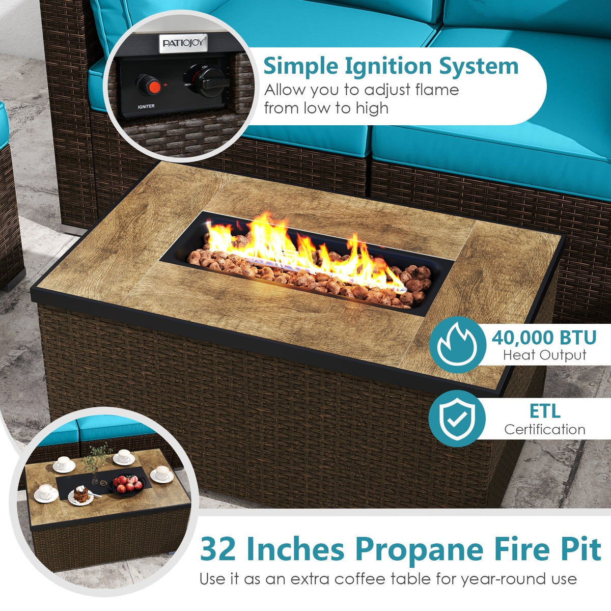 7 Pieces Outdoor Furniture Set with 32 Inch Fire Pit Table and Propane Tank Cover