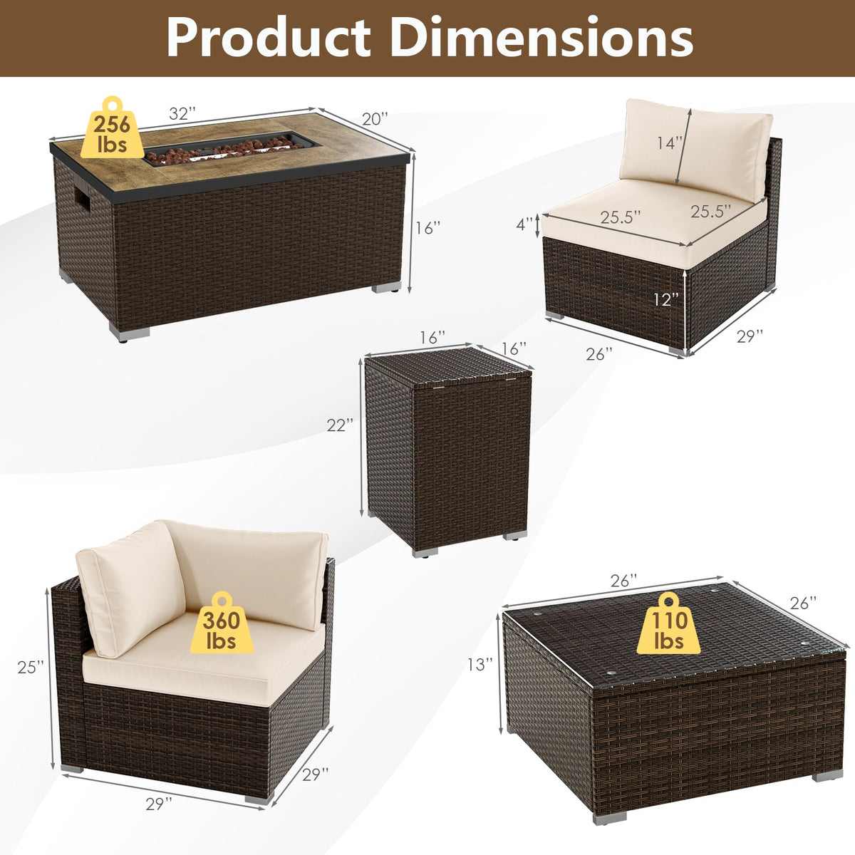 7 Pieces Outdoor Furniture Set with 32 Inch Fire Pit Table and Propane Tank Cover