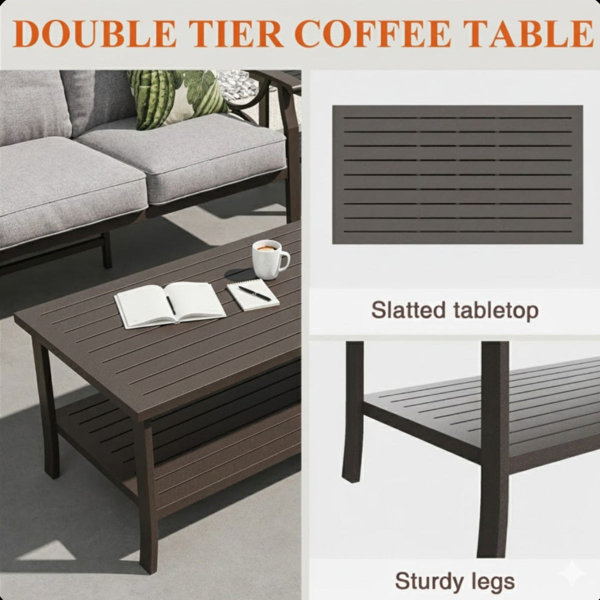 2 Piece Outdoor Patio Set, 70 Inches All-Weather Metal 3-Seat Sofa and Coffee Table