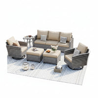 Patio Furniture Set, 6 Pieces Outdoor Patio Set, All-Weather Wicker Rattan Outdoor Furniture Set with Swivel Chairs for Poolside, Backyard, Gray Wicker Khaki Cushions