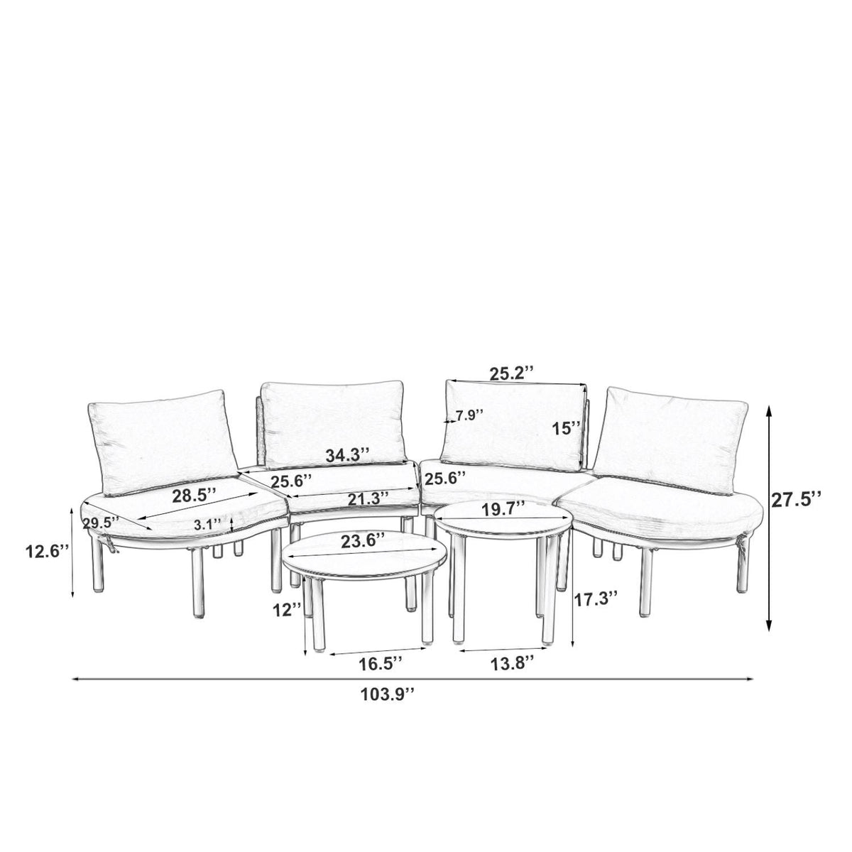 6 Piece Patio Set, Half Moon Outdoor Sectional Sofa With 2 High Low Coffee Tables, 4 Pillows & Cushions